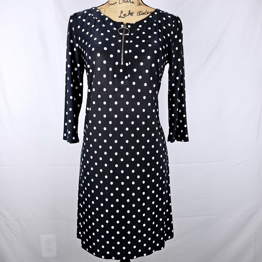 MSK Petite Black White Polka Dot Zipper Neck 3/4 Sleeve Dress SP - Picture 7 of 11